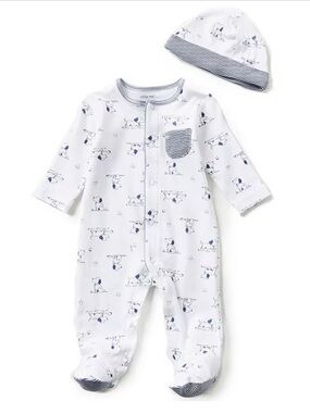 Little Me White Footed One-Piece with Blue Puppy Print and Matching Hat